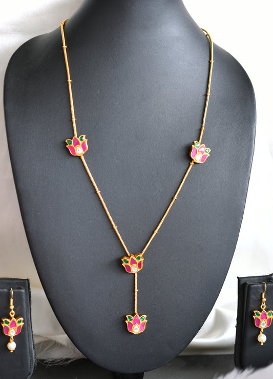 Gold tone pink-green kundan jadau lotus chain/necklace set dj-43154