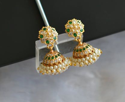 Gold tone white-green stone pearl cluster south Indian style jhumkka dj-41765