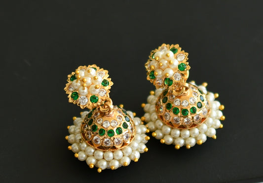 Gold tone white-green stone pearl cluster south Indian style jhumkka dj-41765