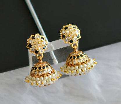 Gold tone South Indian style black-white pearl jhumkka dj-43035