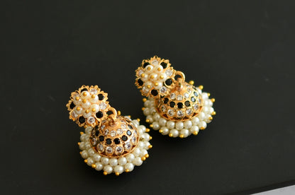 Gold tone South Indian style black-white pearl jhumkka dj-43035