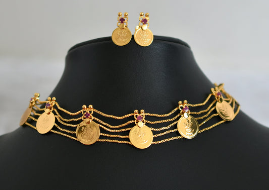 Gold tone kerala style ruby stone lakshmi coin choker set dj-48026