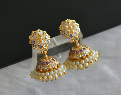 Gold tone South Indian style purple-white pearl jhumkka dj-43031