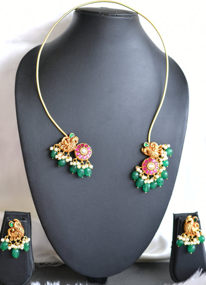 Matte gold tone Pink-green kundan jadau peacock hasli necklace set dj-43155