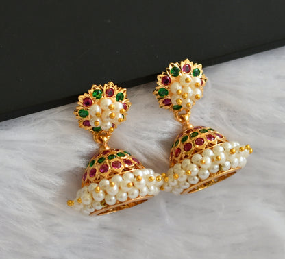 Gold tone ruby-green stone pearl cluster south Indian style jhumkka dj-41764