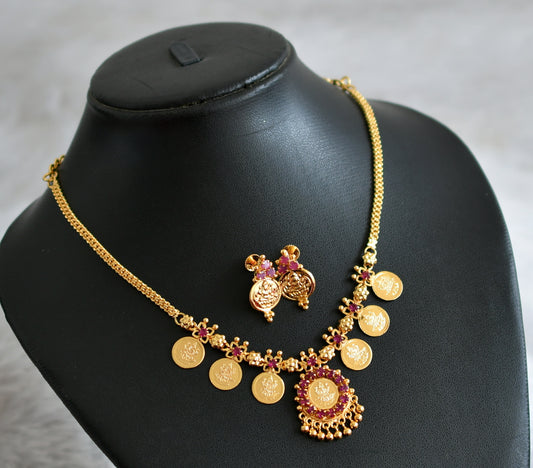 Gold tone pink stone lakshmi coin necklace set dj-48025