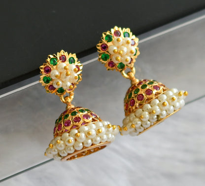 Gold tone ruby-green stone pearl cluster south Indian style jhumkka dj-41764