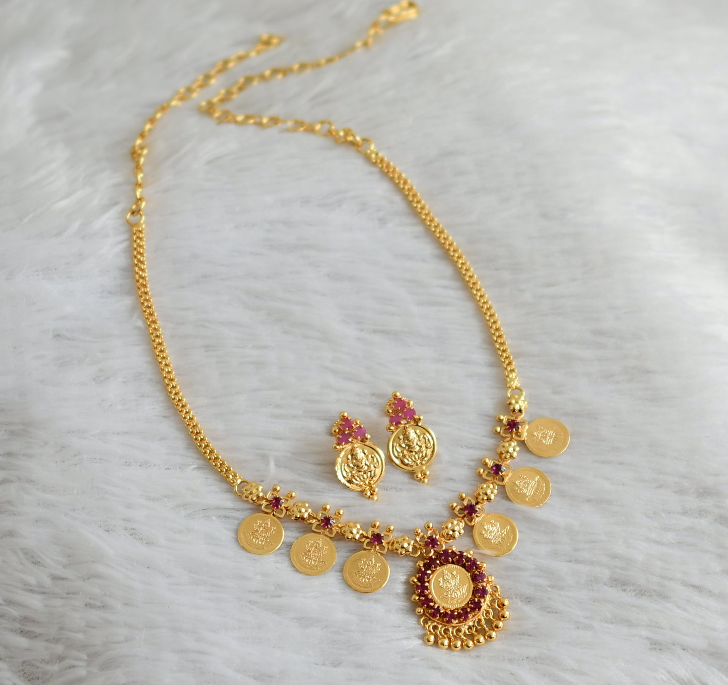 Gold tone pink stone lakshmi coin necklace set dj-48025