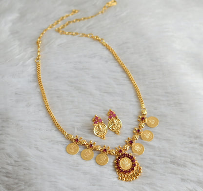 Gold tone pink stone lakshmi coin necklace set dj-48025