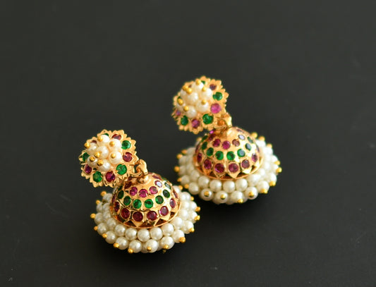 Gold tone ruby-green stone pearl cluster south Indian style jhumkka dj-41764