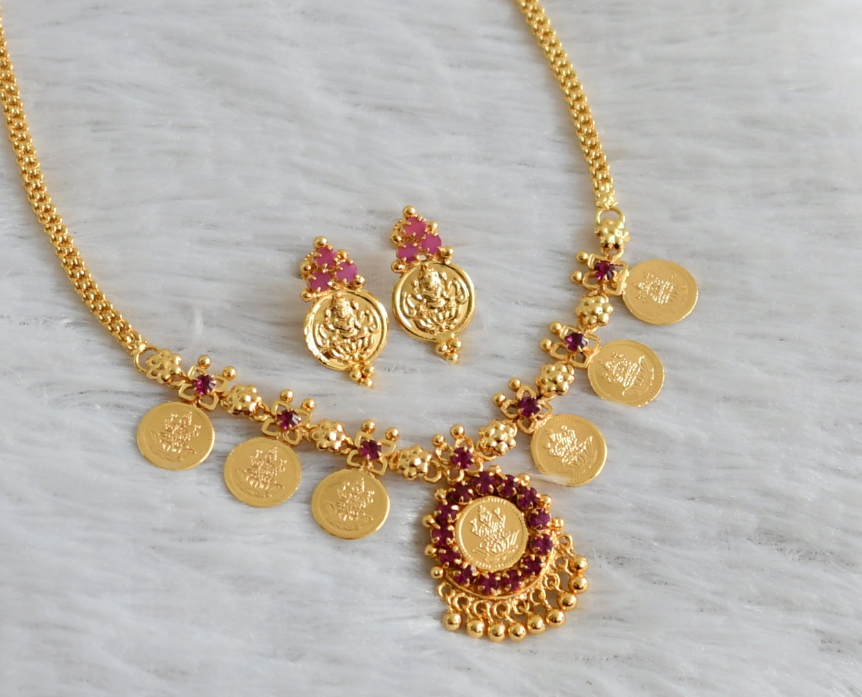 Gold tone pink stone lakshmi coin necklace set dj-48025