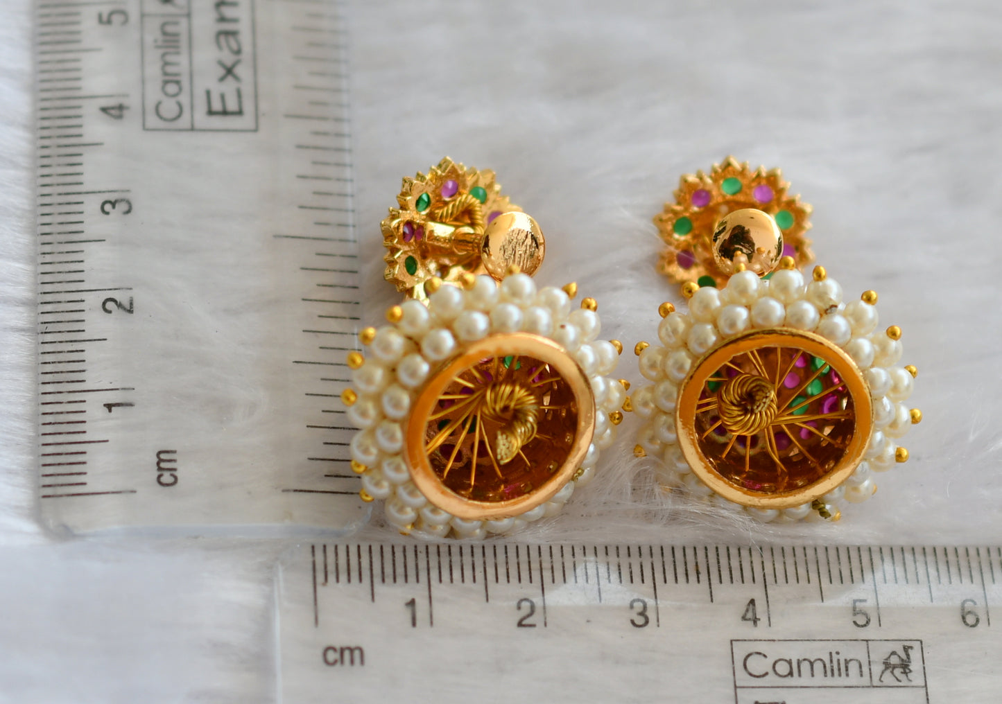 Gold tone ruby-green stone pearl cluster south Indian style jhumkka dj-41764