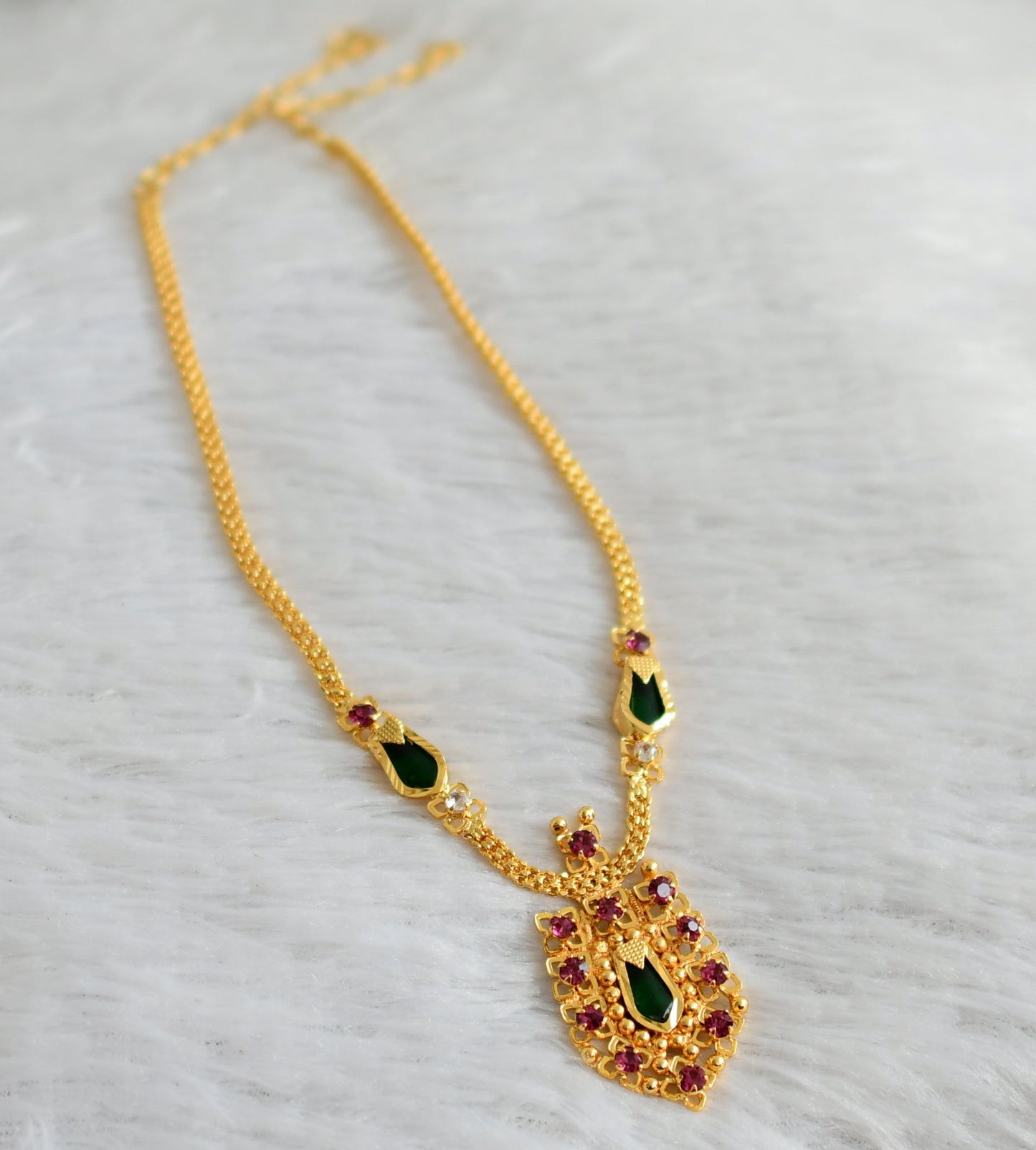 Gold tone kerala style pink-green nagapadam necklace dj-48022