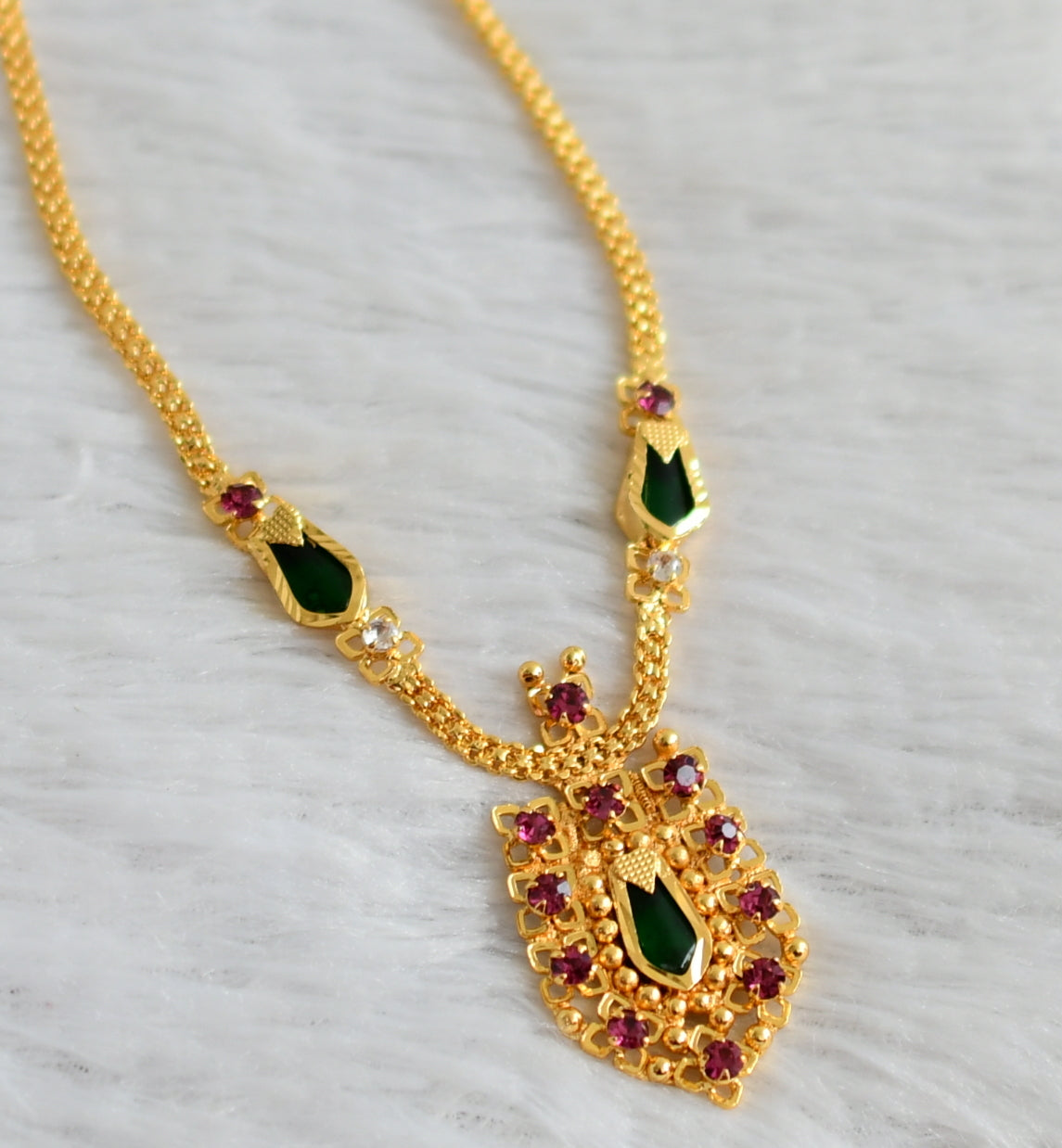 Gold tone kerala style pink-green nagapadam necklace dj-48022