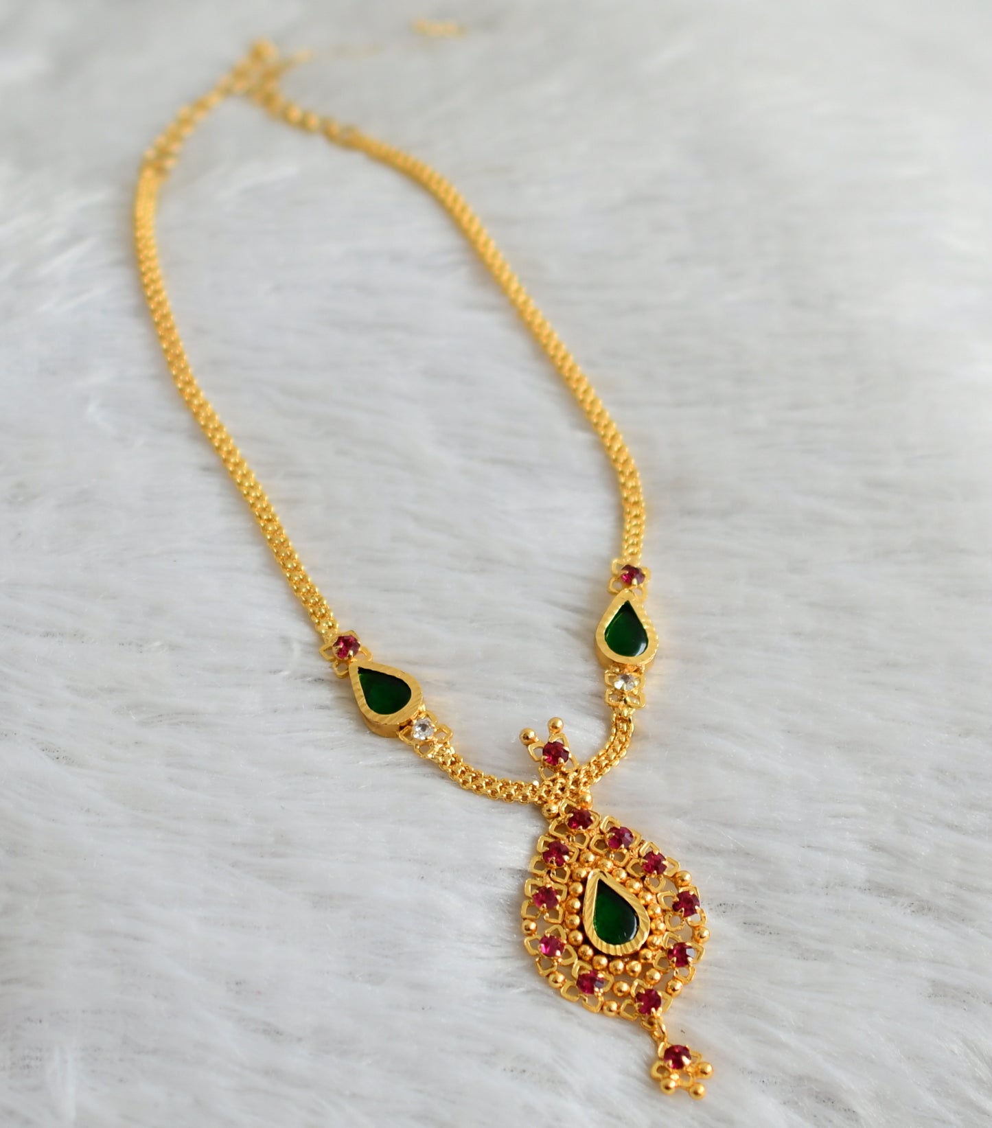 Gold tone kerala style pink-green-white gopi necklace dj-48024