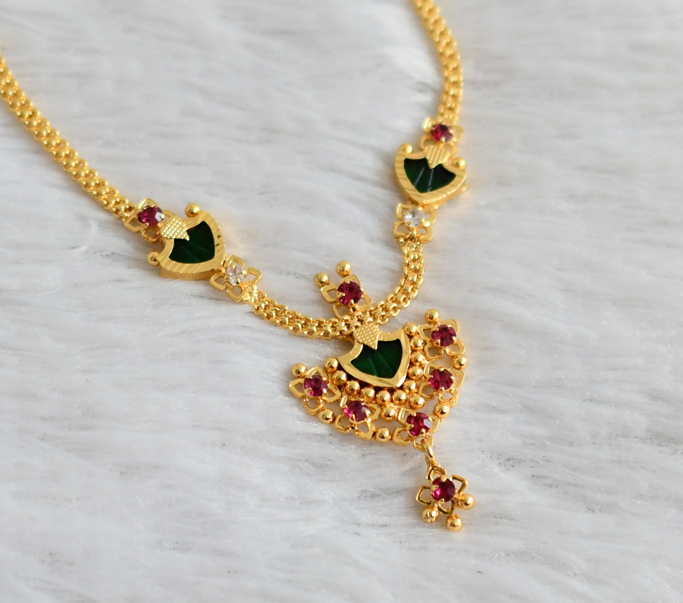 Gold tone kerala style pink-green palakka necklace dj-48023