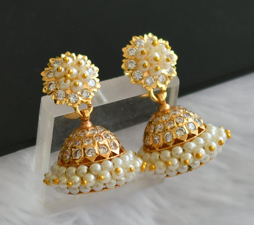 Gold tone ad white pearl south indian jhumkka dj-46467