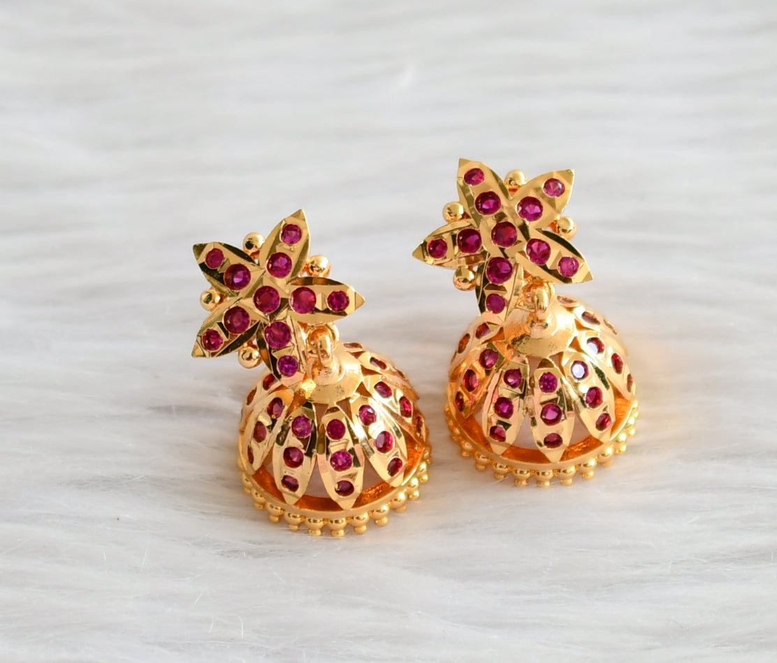 Gold tone ad pink south indian flower jhumkka dj-44671