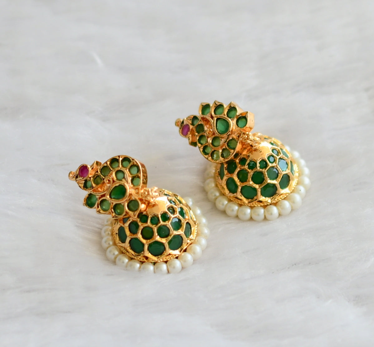 Gold tone ad green pearl peacock jhumkka dj-46468