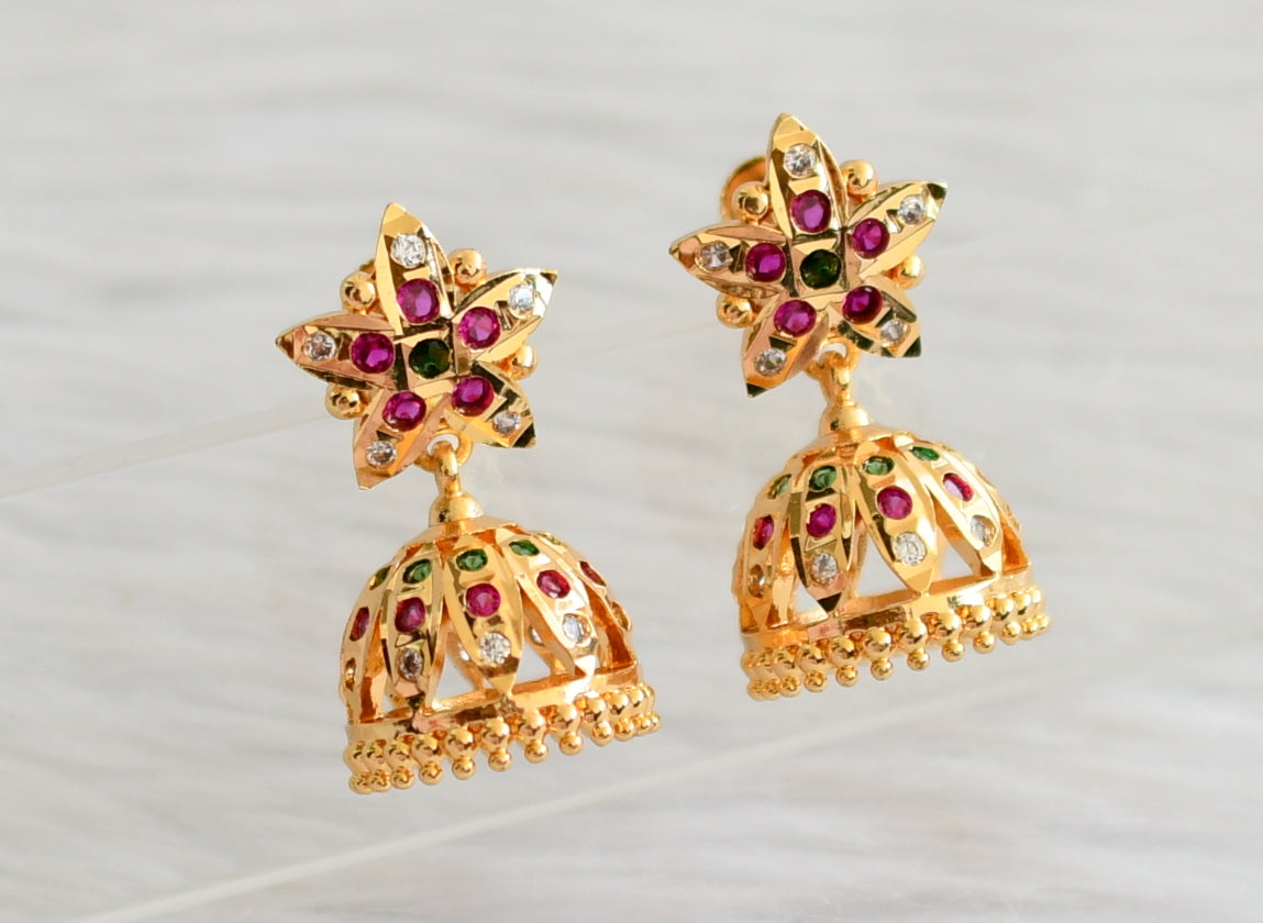 Gold tone ad pink-green-white south indain flower jhumkka dj-44670