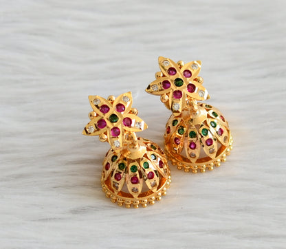 Gold tone ad pink-green-white south indain flower jhumkka dj-44670