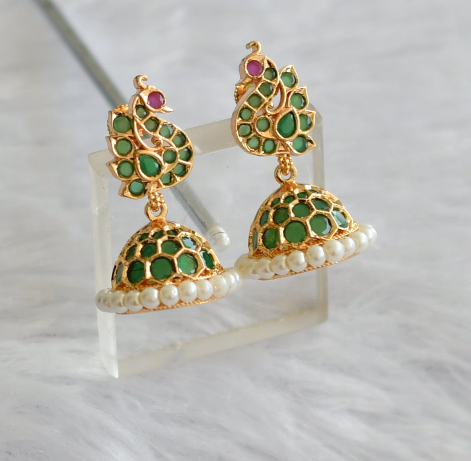 Gold tone ad green pearl peacock jhumkka dj-46468