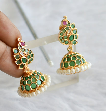 Gold tone ad green pearl peacock jhumkka dj-46468