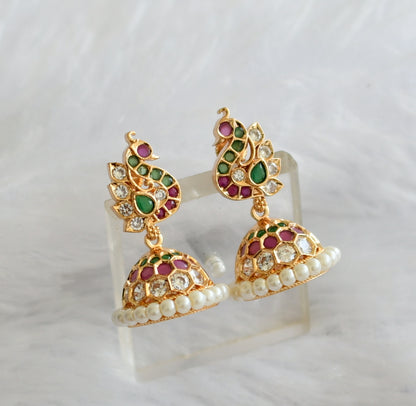 Gold tone ad ruby-green-white-pearl peacock jhumkka dj-46471