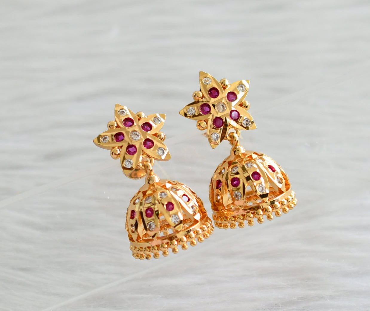 Gold tone ad pink-white south indian flower jhumkka dj-44672