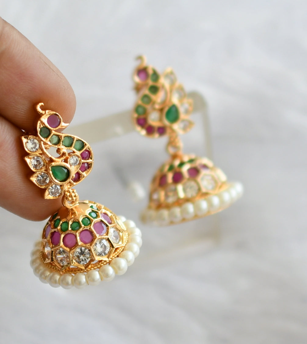 Gold tone ad ruby-green-white-pearl peacock jhumkka dj-46471