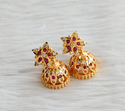 Gold tone ad pink-white south indian flower jhumkka dj-44672