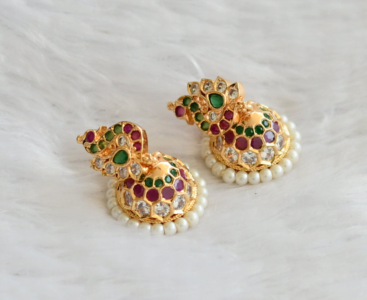 Gold tone ad ruby-green-white-pearl peacock jhumkka dj-46471