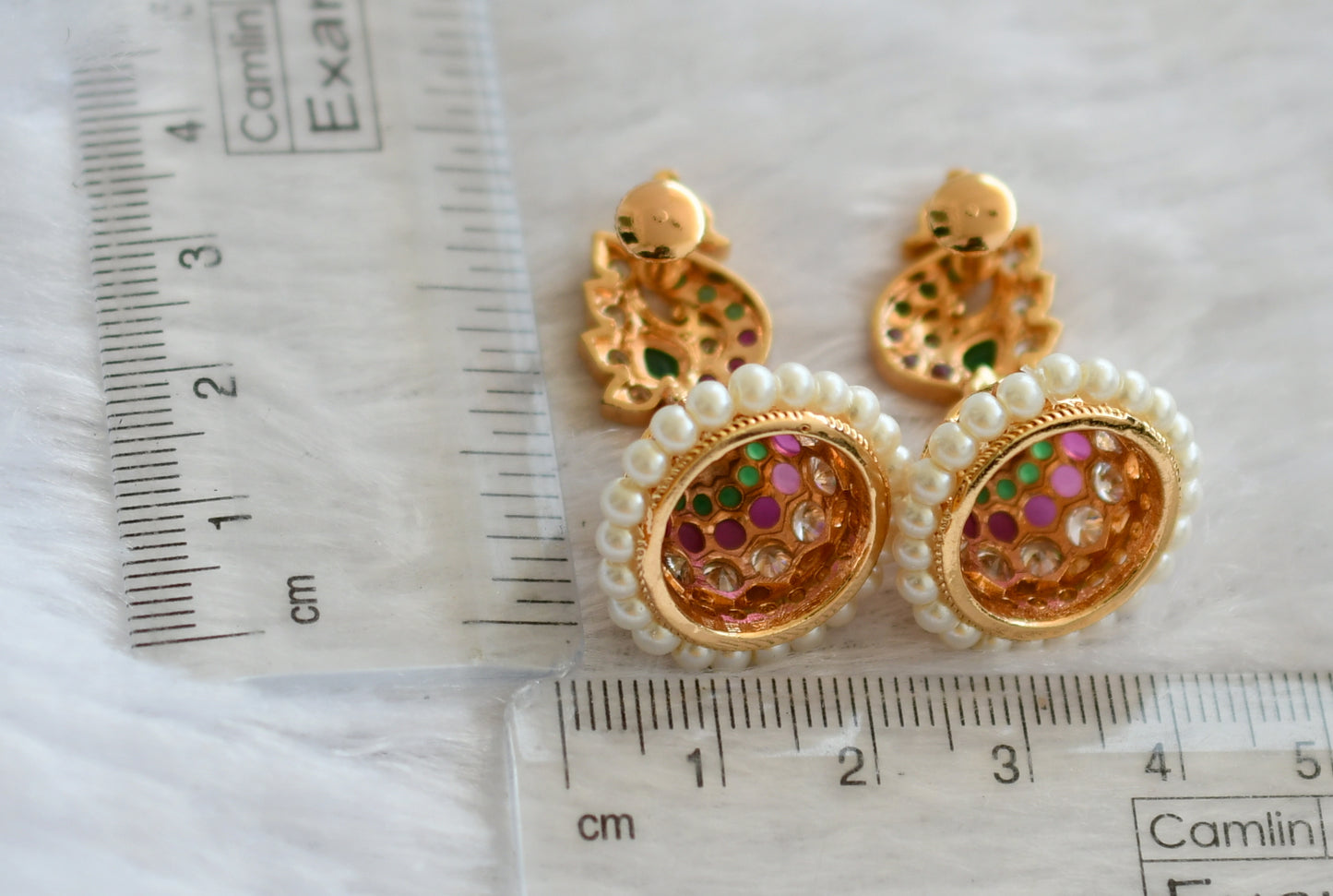 Gold tone ad ruby-green-white-pearl peacock jhumkka dj-46471