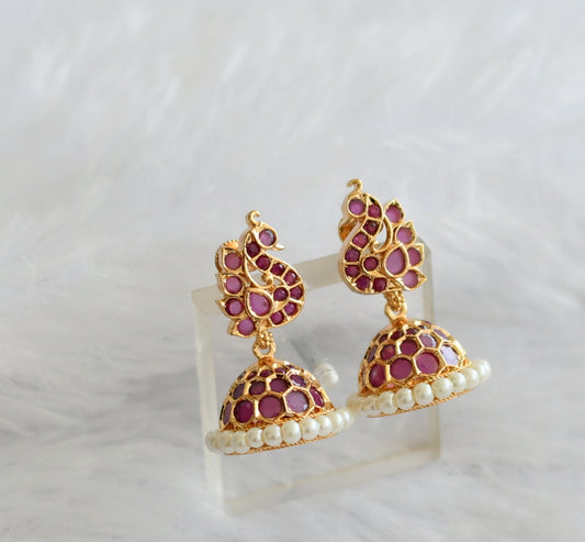 Gold tone ad ruby-pearl peacock jhumkka dj-46469