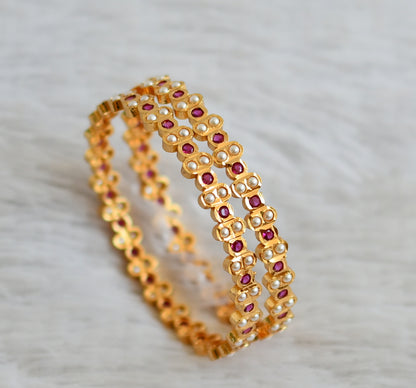 Gold tone ad pink-pearl south indian bangles(2.8) dj-48047