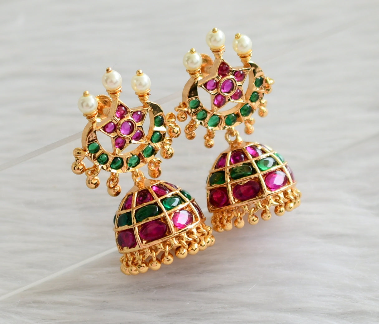 Gold tone kemp-green-pearl moon jhumkka dj-44676