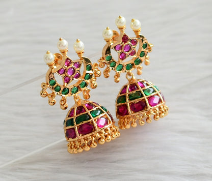 Gold tone kemp-green-pearl moon jhumkka dj-44676