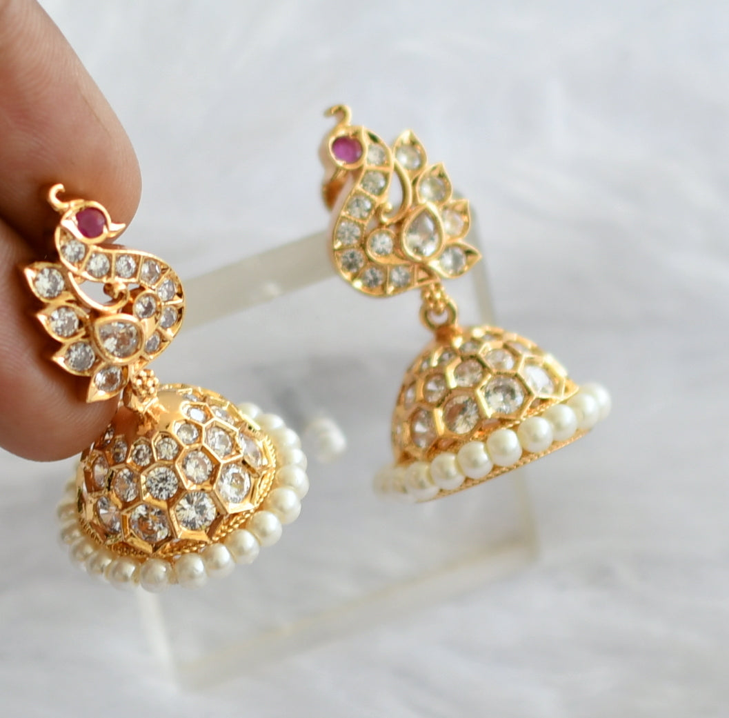 gold tone ad white-pearl peacock jhumkka dj-46472