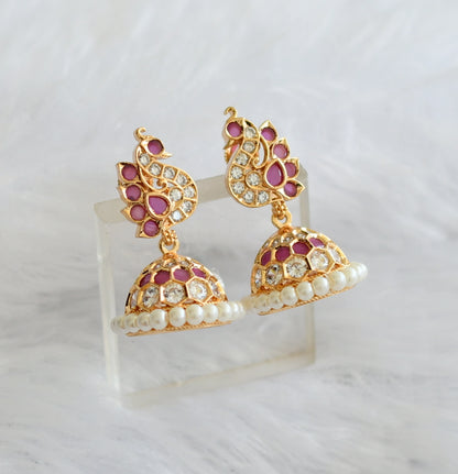 Gold tone ad ruby-white-pearl peacock jhumkka dj-46470