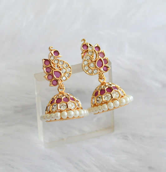 Gold tone ad ruby-white-pearl peacock jhumkka dj-46470