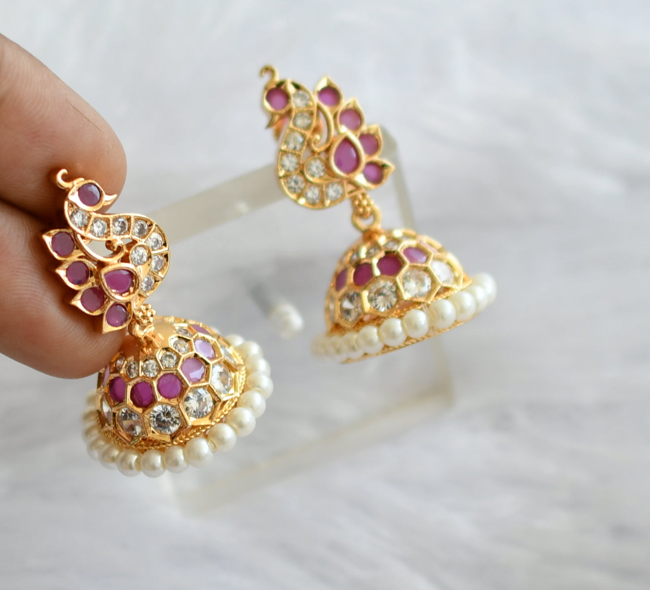 Gold tone ad ruby-white-pearl peacock jhumkka dj-46470