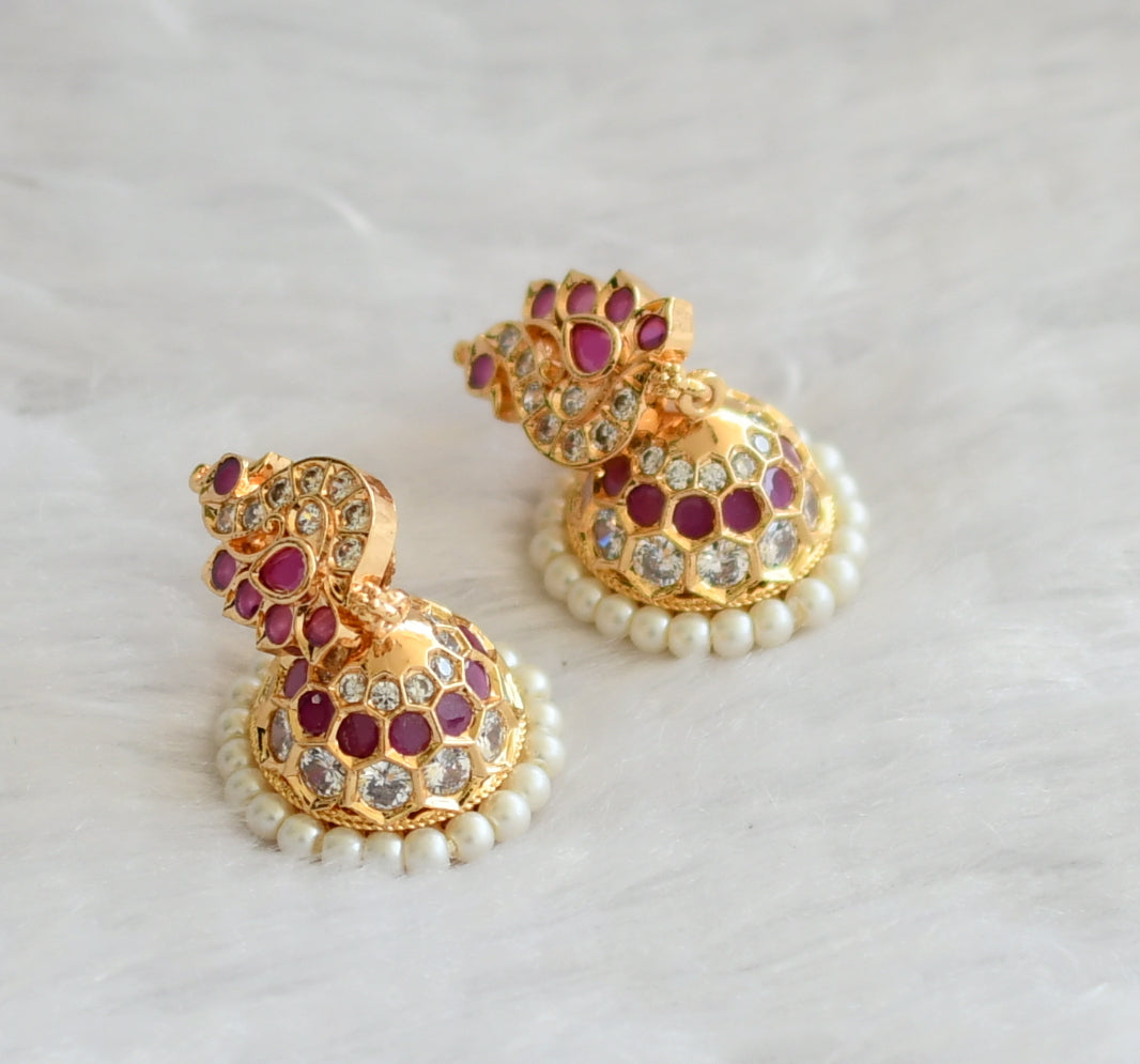 Gold tone ad ruby-white-pearl peacock jhumkka dj-46470