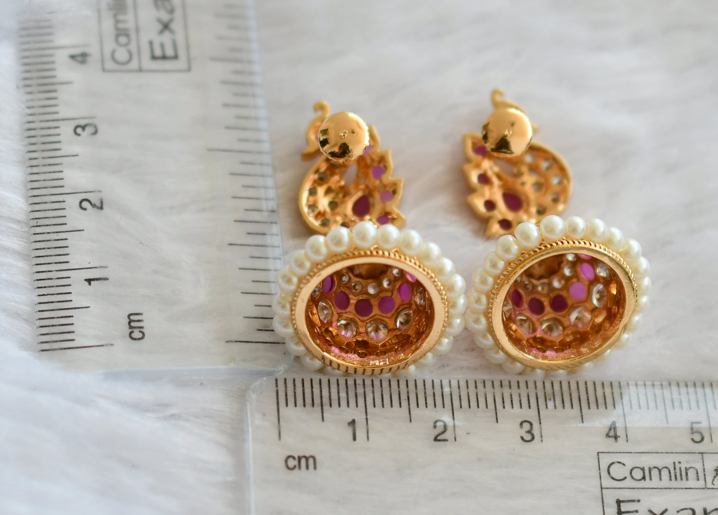 Gold tone ad ruby-white-pearl peacock jhumkka dj-46470