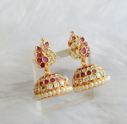 Gold tone ad ruby-white-pearl peacock jhumkka dj-46474