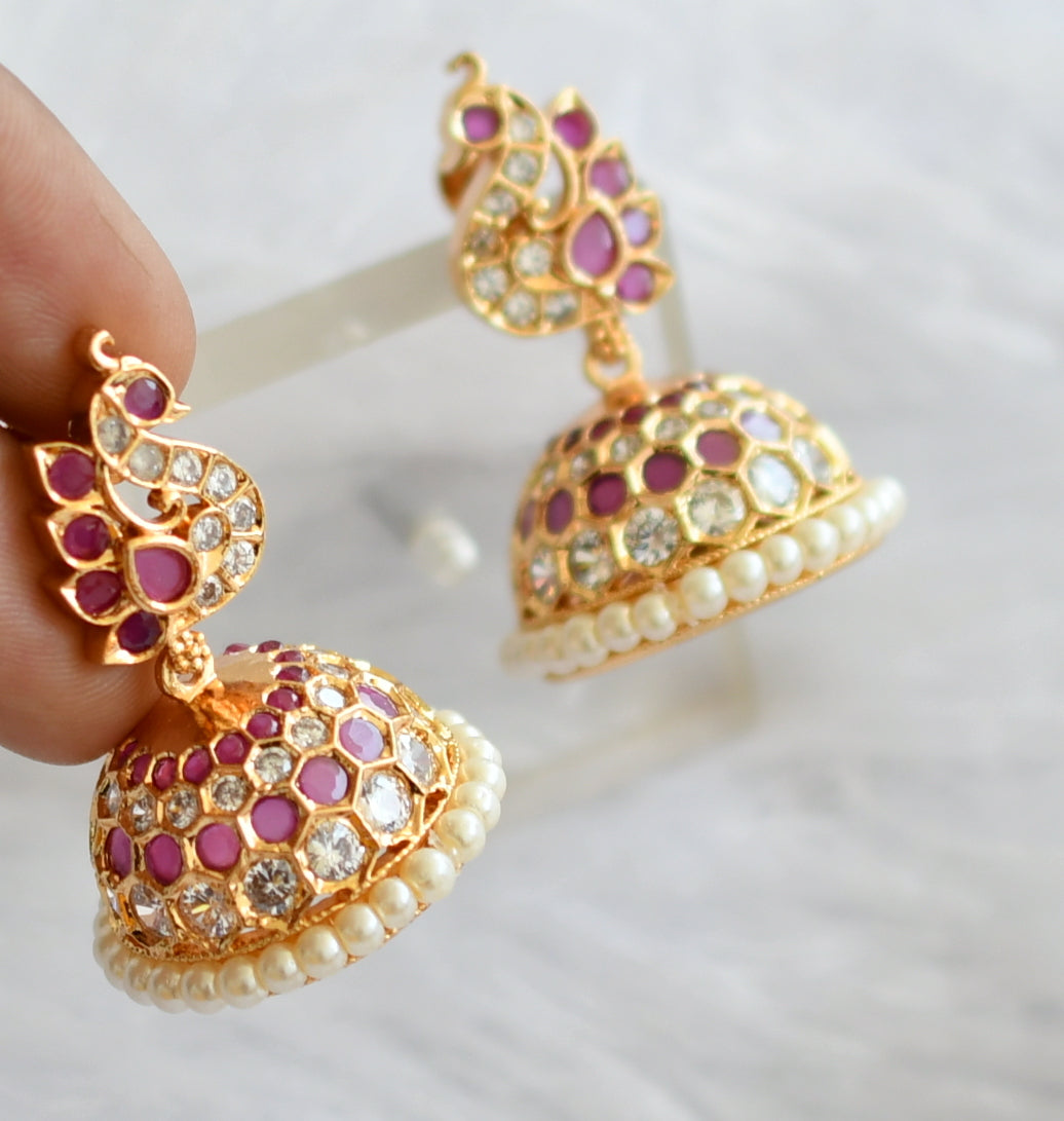 Gold tone ad ruby-white-pearl peacock jhumkka dj-46474