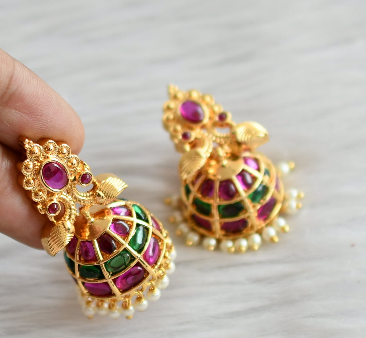 Gold tone kemp-green pearl peacock jhumkka dj-44674