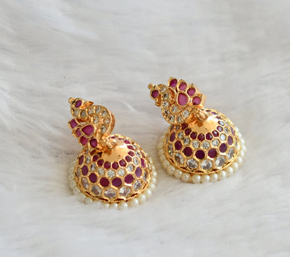 Gold tone ad ruby-white-pearl peacock jhumkka dj-46474