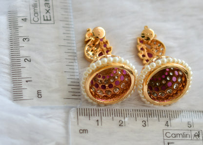 Gold tone ad ruby-white-pearl peacock jhumkka dj-46474