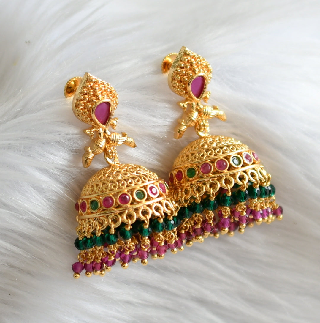 Gold tone ruby-green cluster peacock jhumkka dj-44677