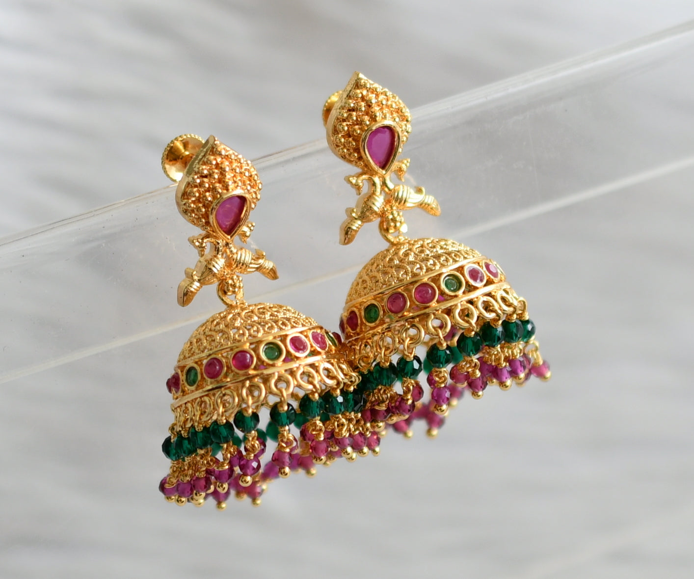 Gold tone ruby-green cluster peacock jhumkka dj-44677